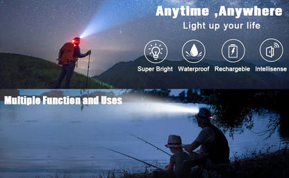 Belro rechargeable LED headlamp with adjustable strap and bright 990000 lumens, ideal for outdoor lighting and nighttime activities.