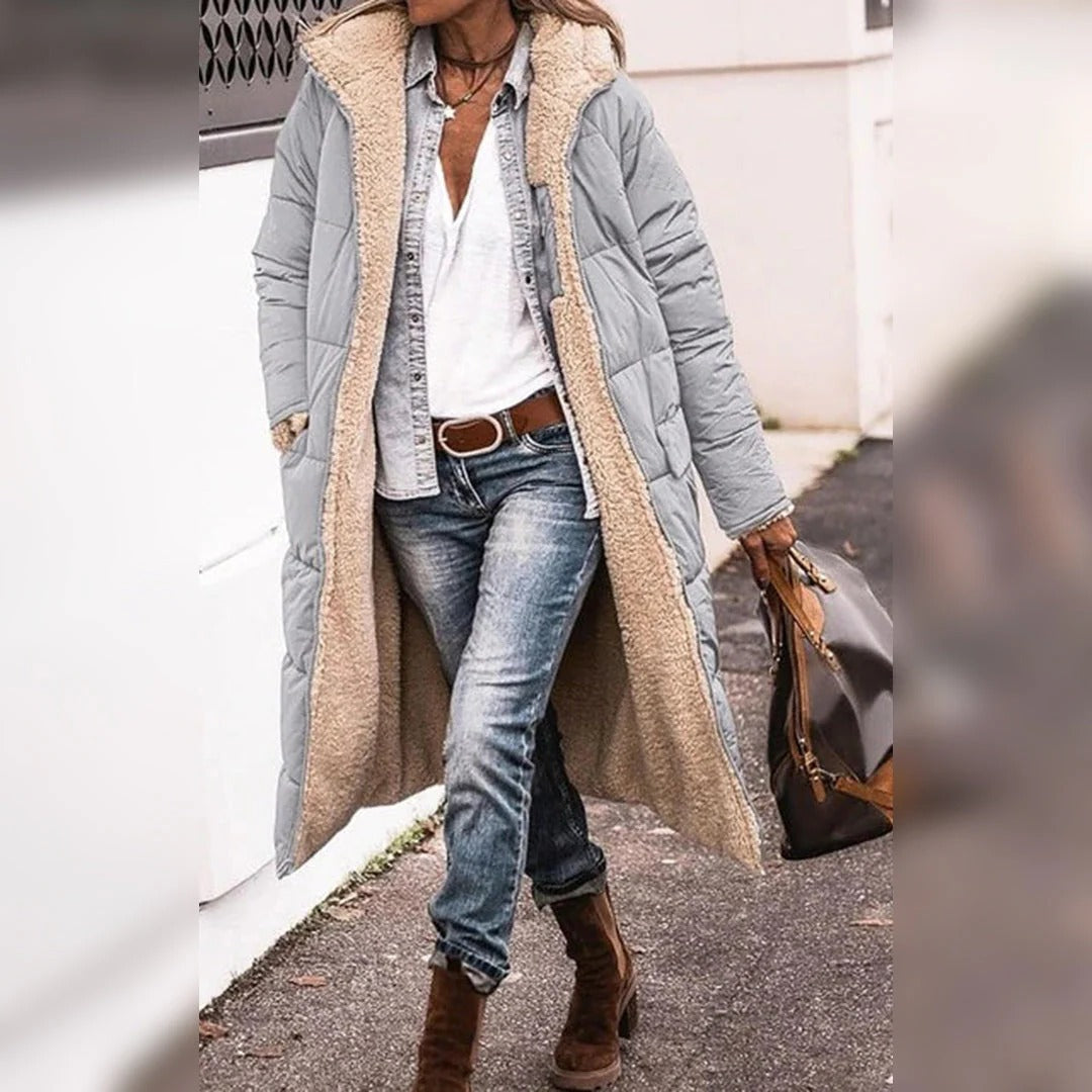Belro long winter coat for women, stylish and warm outerwear with a hood and full-length design, suitable for cold weather.