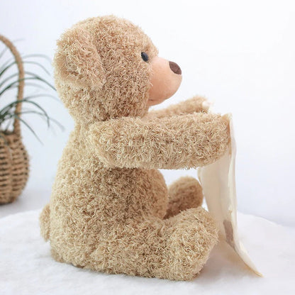Belro Peek-A-Boo-Teddy interactive plush toy wearing cozy men's clothing, soft fabric, and playful design.