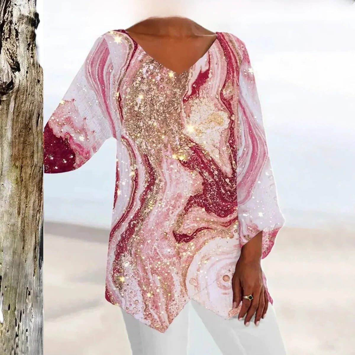 Women’s vintage V-neck top by Belro featuring an elegant fit, styled with long sleeves and a classic silhouette.