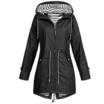 Long elegant Mackintosh rain jacket for women by Belro, stylish waterproof outerwear with a tailored fit.