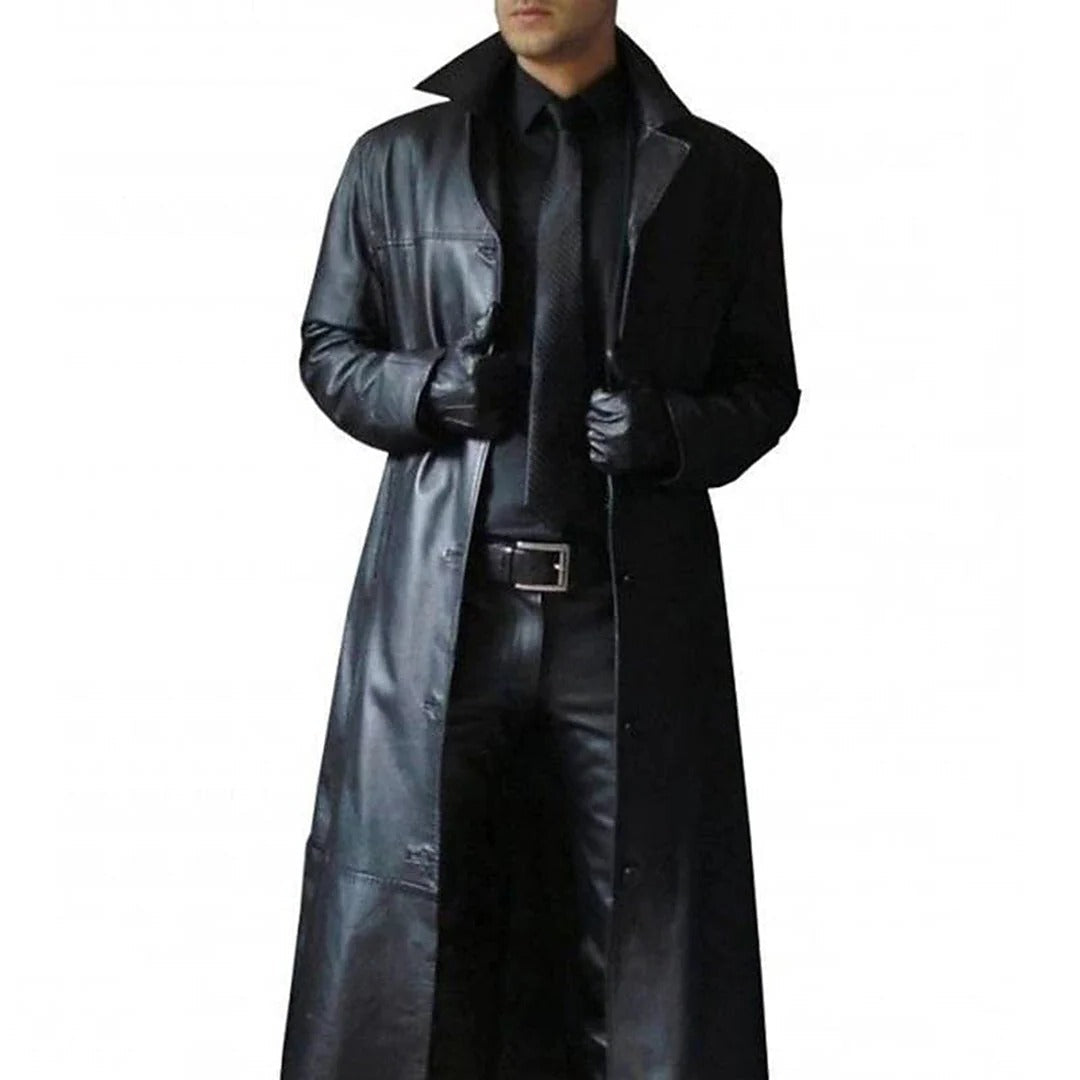 Belro men's premium leather coat showing a sleek, dark brown jacket with a classic collar and button closure.