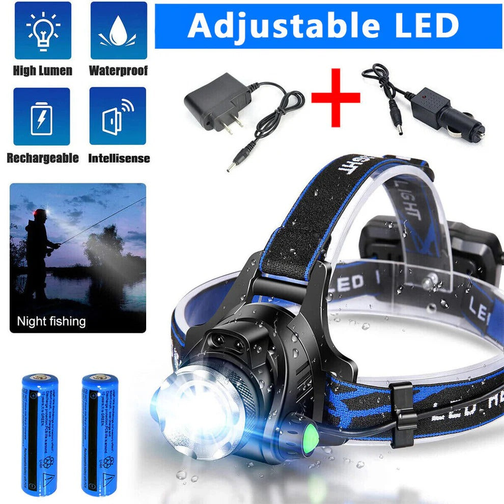 Belro rechargeable LED headlamp with adjustable straps and bright 990000 lumens, ideal for outdoor lighting and hands-free use.