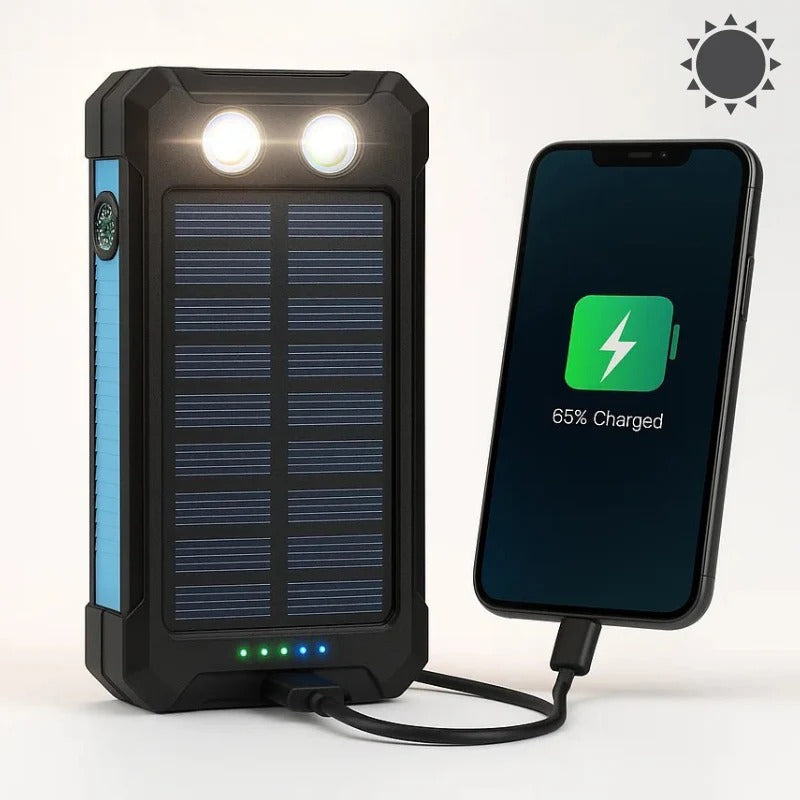 Belro 500000mAh waterproof solar power bank with multiple USB ports and rugged exterior for outdoor charging.