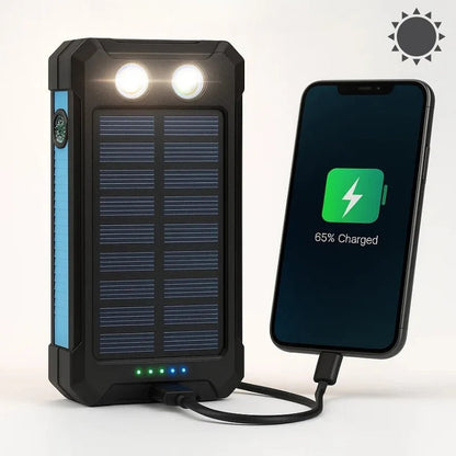 Belro 500000mAh waterproof solar power bank with multiple USB ports and rugged exterior for outdoor charging.