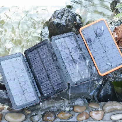 Belro high-capacity solar power bank with multiple USB ports, showing solar panels and digital display for portable charging.