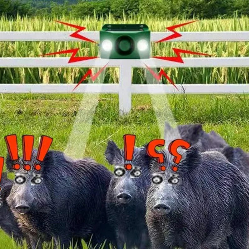 Belro Beast Repellent Solar Warning Light showing solar panel, warning symbol, and outdoor pest control device for home garden use