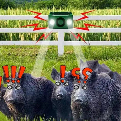 Belro Beast Repellent Solar Warning Light showing solar panel, warning symbol, and outdoor pest control device for home garden use