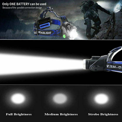 Belro rechargeable LED headlamp with adjustable straps and bright 990000 lumens for outdoor and work lighting.