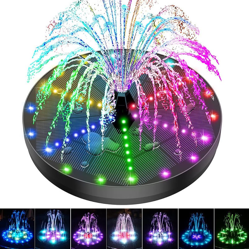 Belro solar fountain with 60 LED lights for outdoor garden decor, featuring a water feature and illuminated lighting setup.