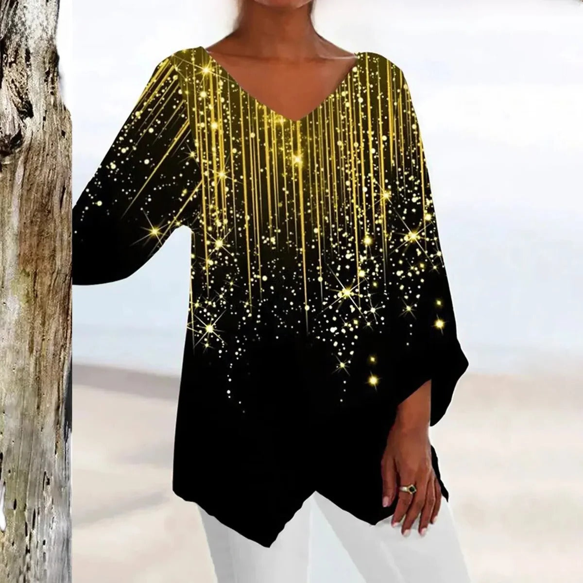 Belro women's vintage V-neck top with elegant fit, soft fabric, and classic style, displayed on a hanger.