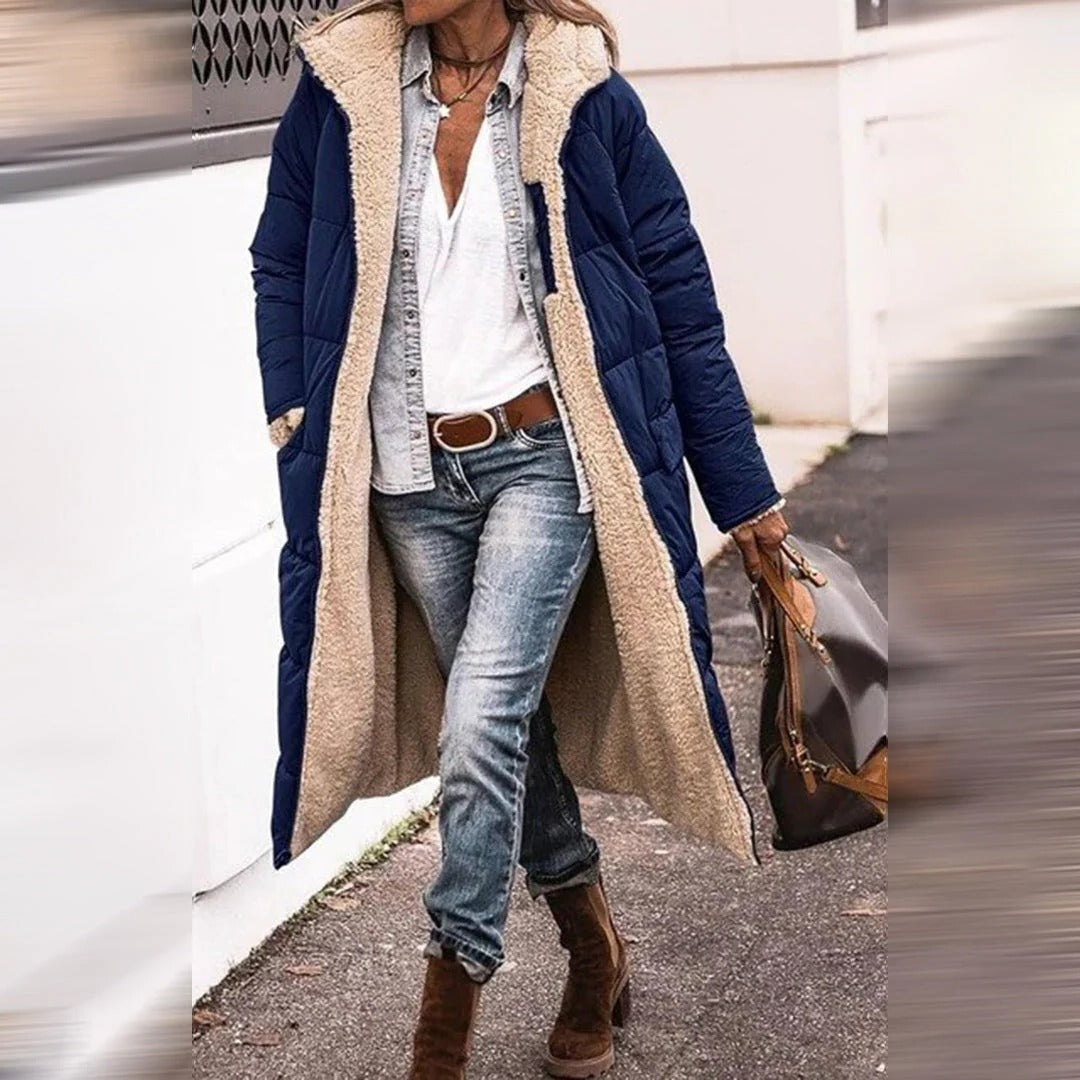 Belro long winter coat for women, stylish and warm, shown on a model with a hood and cozy fabric.