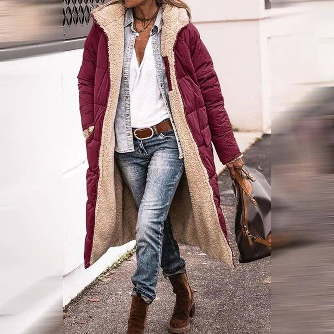 Belro long winter coat for women showcasing a warm, stylish coat with a hood and quilted design for cold weather.
