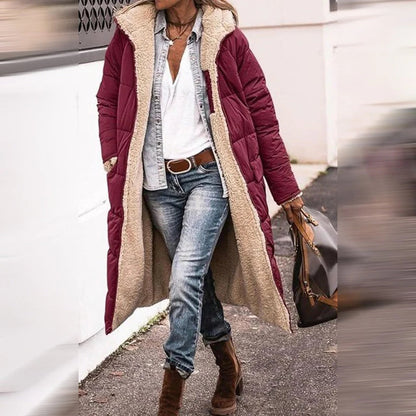 Belro long winter coat for women showcasing a warm, stylish coat with a hood and quilted design for cold weather.