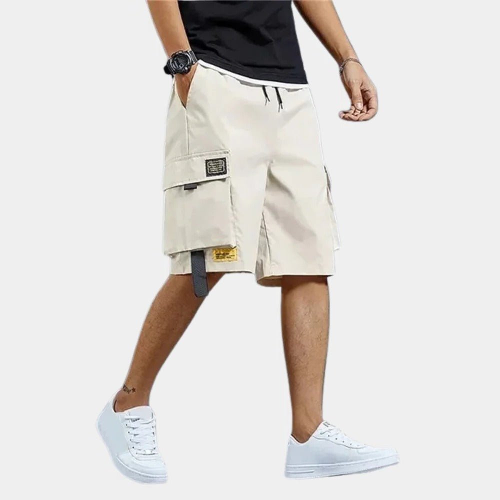 Belro men's cargo shorts in khaki with multiple pockets, casual fit, and knee-length design for outdoor and everyday wear.