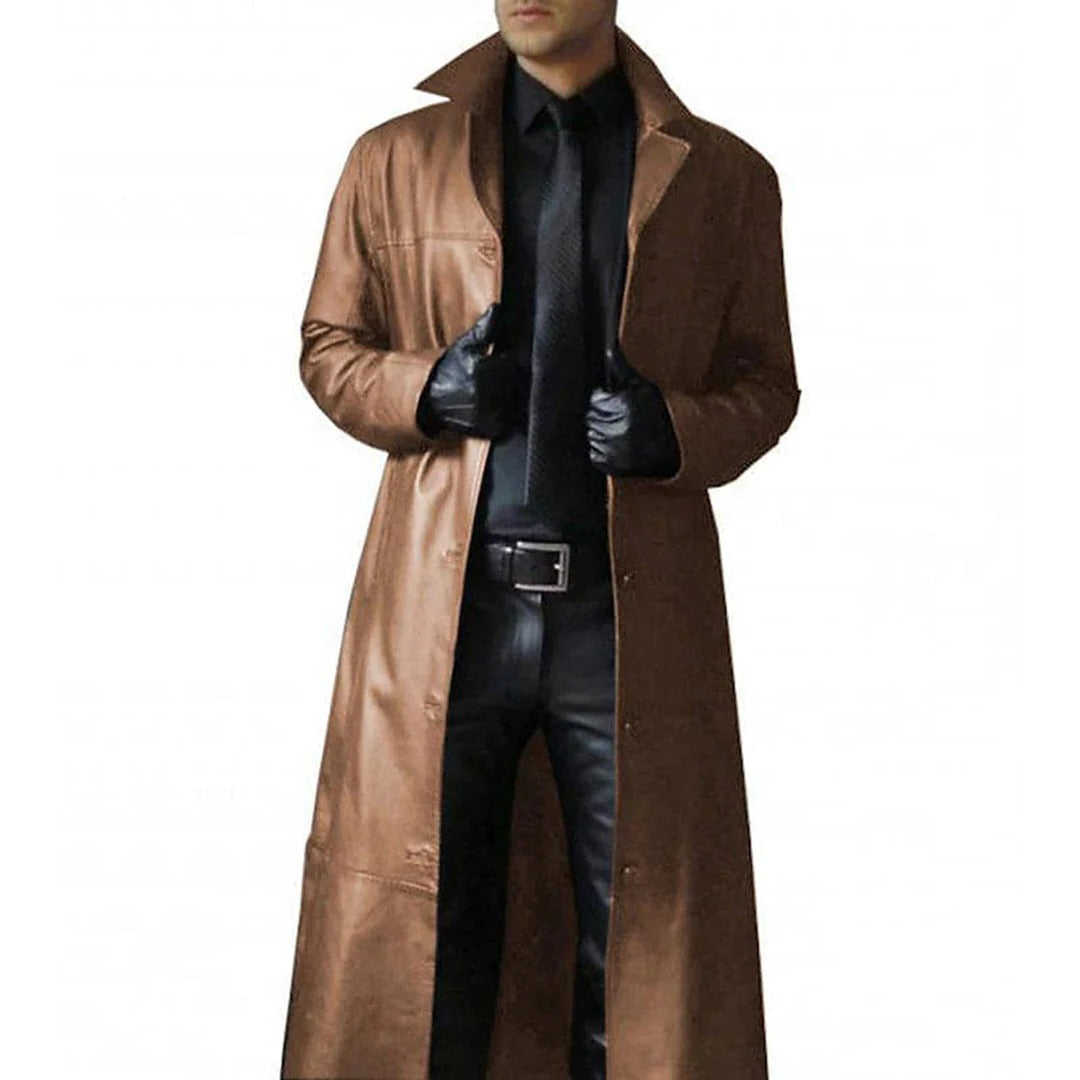 Belro men's leather coat showing a classic dark brown leather jacket with a collar and front button closure.