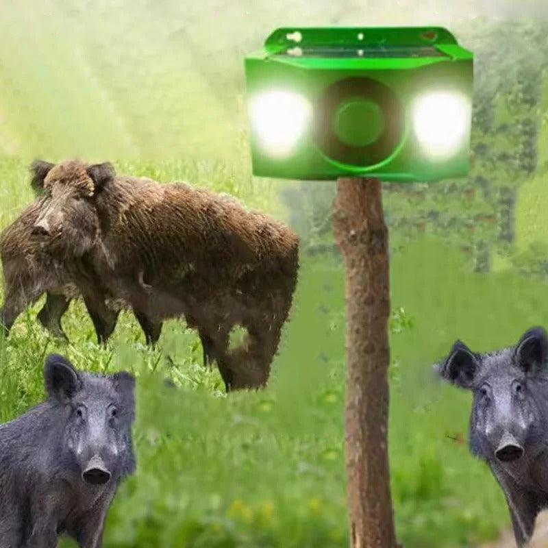 Belro Beast Repellent Solar Warning Light for outdoor pest control, with solar panel and flashing light to deter animals in garden area.