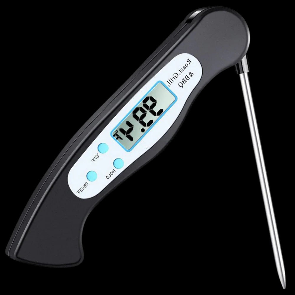 Belro digital food thermometer showing a close-up of the device with a digital display and stainless steel probe.