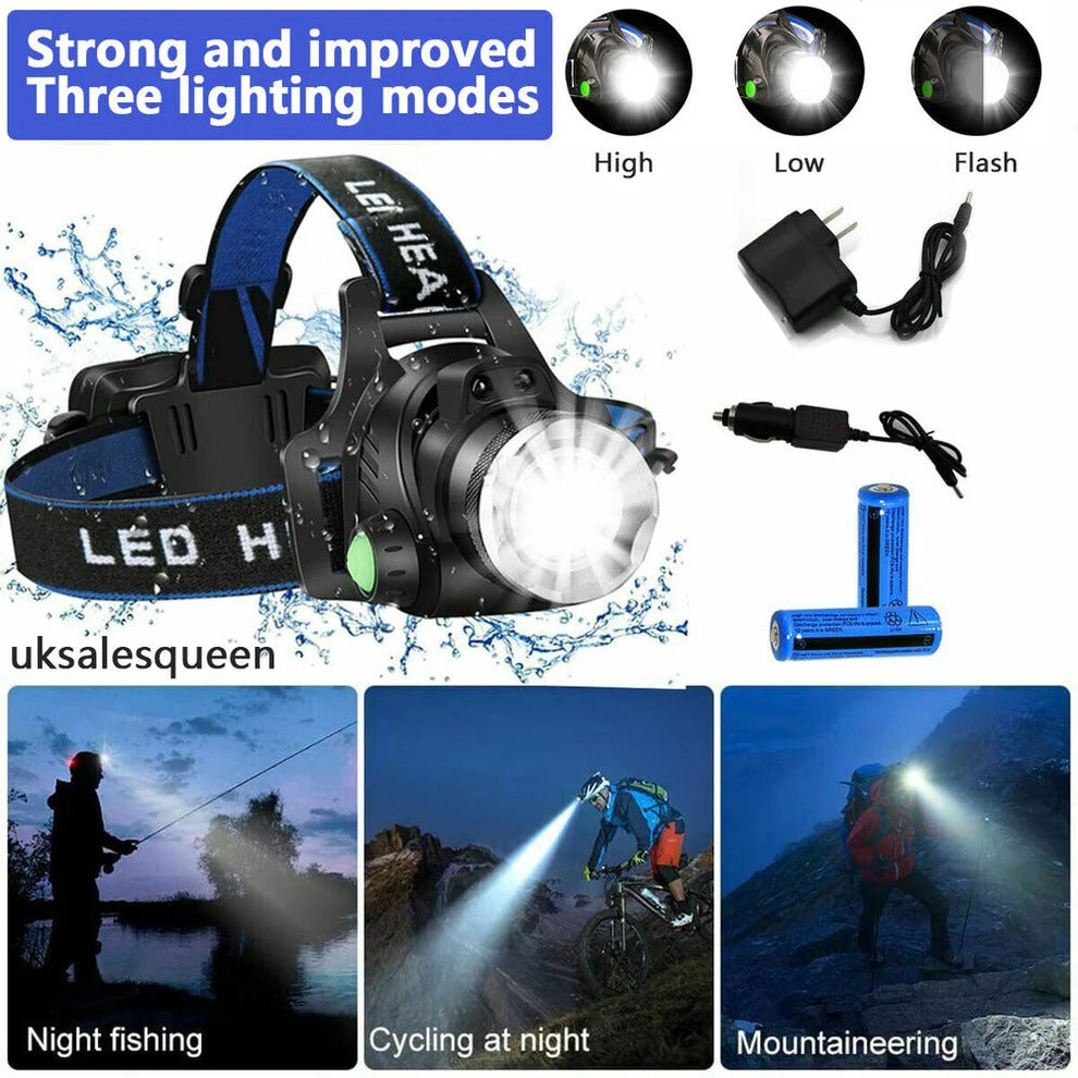 Belro rechargeable LED headlamp with adjustable straps and bright 990000 lumens, suitable for outdoor and emergency lighting.