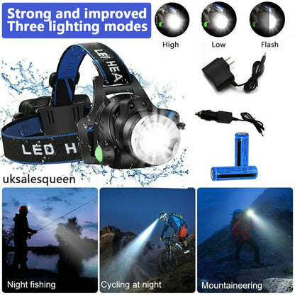 Belro rechargeable LED headlamp with adjustable straps and bright 990000 lumens, suitable for outdoor and emergency lighting.
