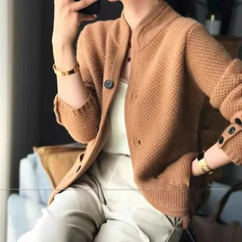 Belro thick wool sweater jacket for cold winter weather, cozy and warm, with a high-neck design and chunky knit texture.