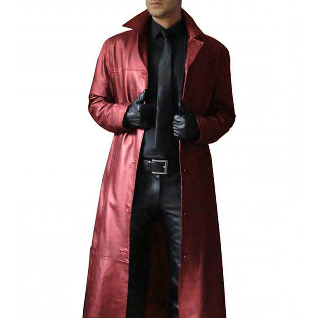 Belro men's premium leather coat, stylish black jacket with classic collar and smooth leather texture, displayed on a hanger.