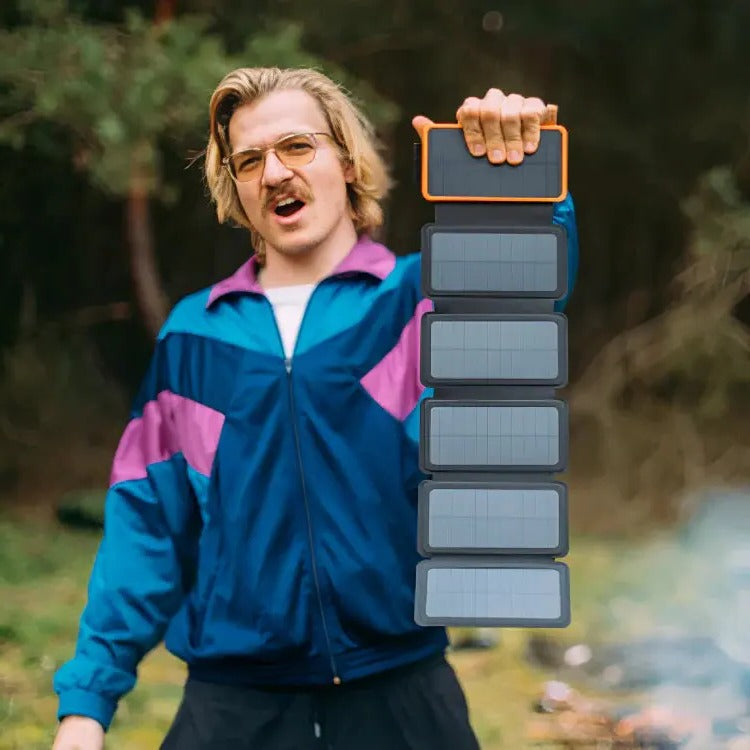 Belro high-capacity solar power bank for portable charging, featuring multiple USB ports and a durable design for outdoor use.