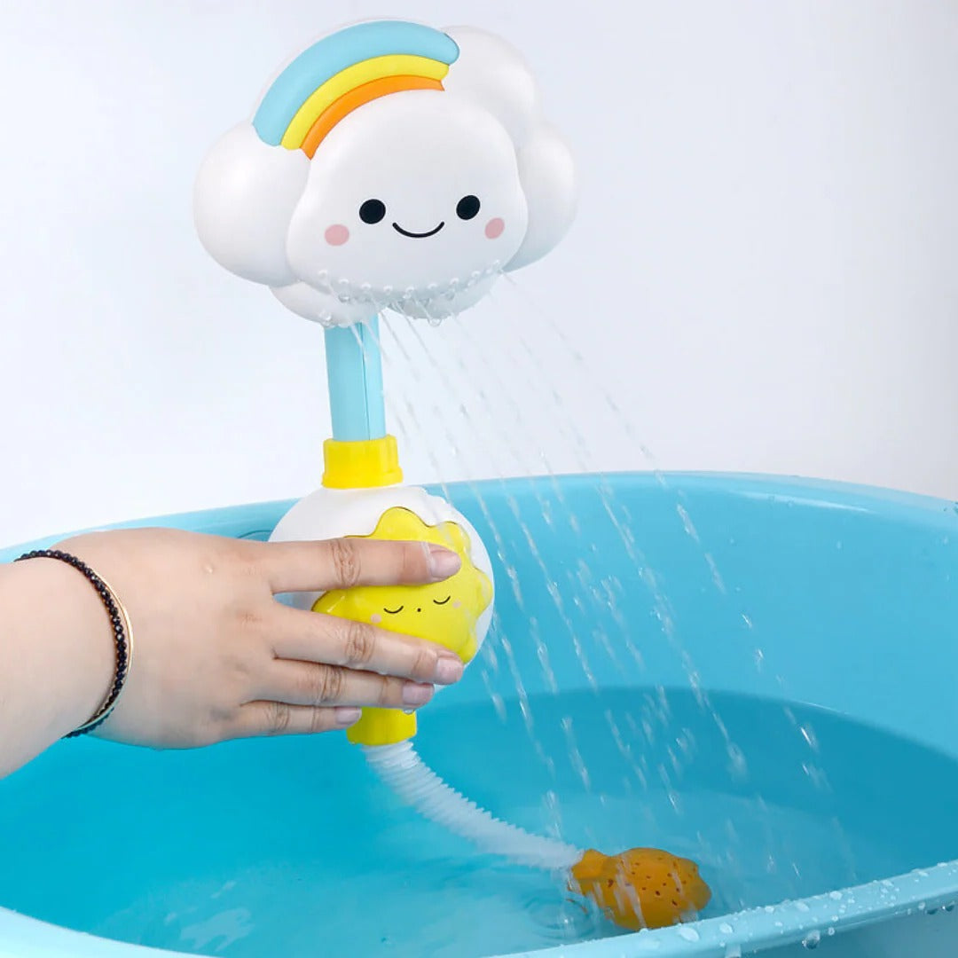 Belro Baby bath toy cloud shower head with colorful floating toys for kids' bath time fun and sensory play.