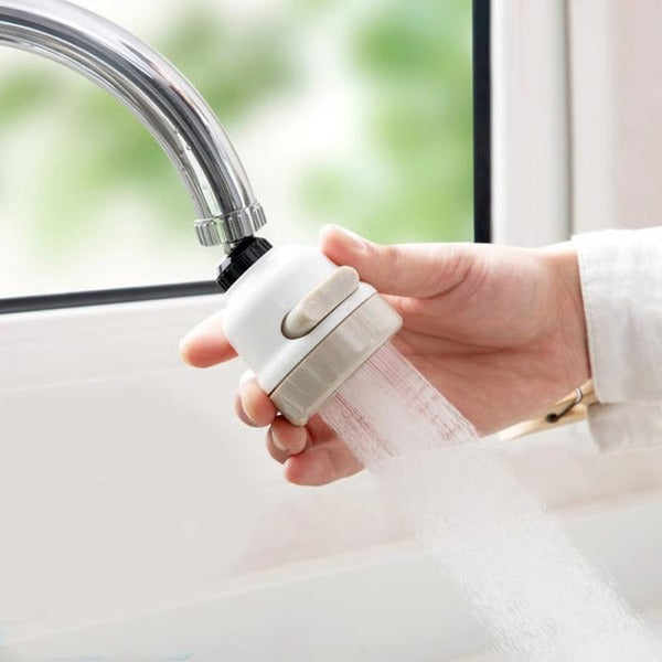Belro rotating faucet attachment with three spray modes installed on kitchen sink faucet, showcasing versatile water spray options.