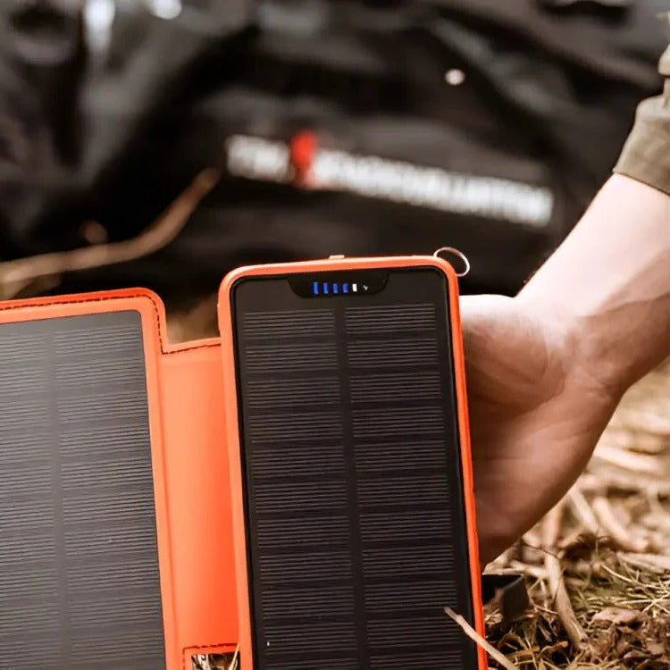 Belro high-capacity solar power bank with multiple USB ports and solar panels for portable charging on the go.