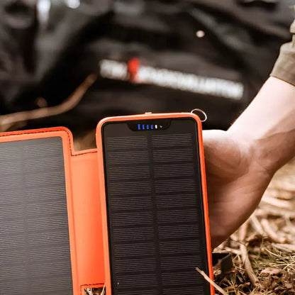 Belro high-capacity solar power bank with multiple USB ports and solar panels for portable charging on the go.