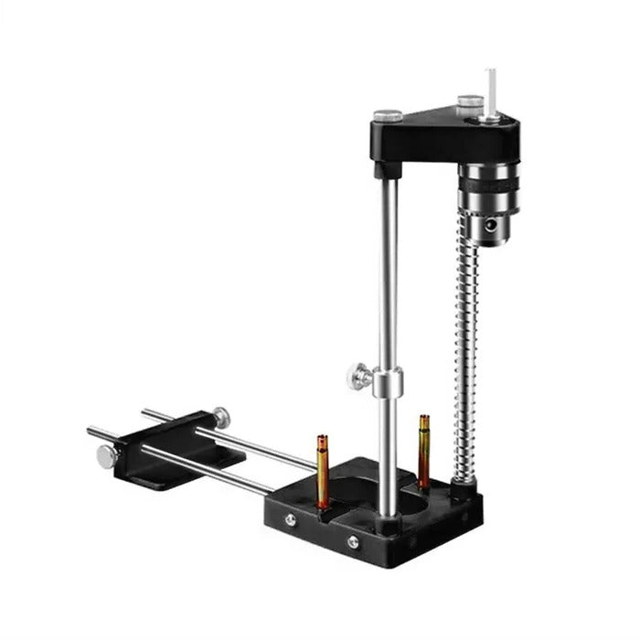Belro Freely Adjustable Drilling Locator for woodworking, showing the guide tool with adjustable arms and drill bit in use.