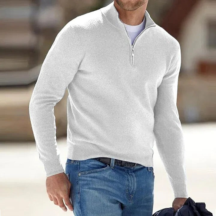Men's Belro cashmere zipper sweater, a stylish and warm automotive-inspired basic sweater with a front zipper detail, shown in the image.