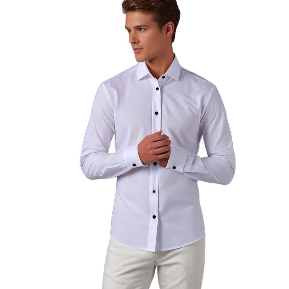 Men's Belro stretch shirt in light blue with a classic collar and button-down front, displayed on a hanger.