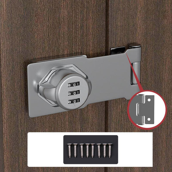 Belro household cabinet password lock installed on a wooden cabinet, securing outdoor garden storage for home safety.