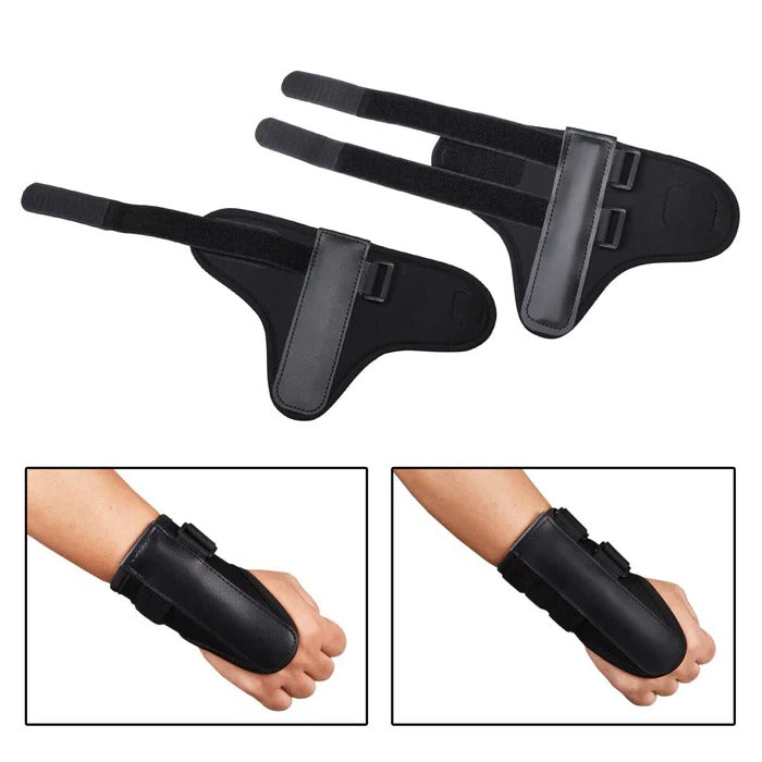 Belro golf wrist brace band trainer for swing alignment, shown in use with a golfer during practice.