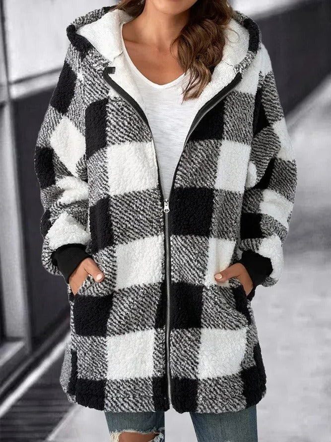 Women’s oversized plaid hoodie by Belro, loose-fit activewear overcoat with a cozy, casual style and plaid pattern.