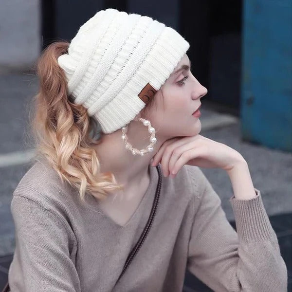 Belro ponytail beanie in solid ribbed knit, designed for messy bun hairstyles, women's stylish hair accessory.