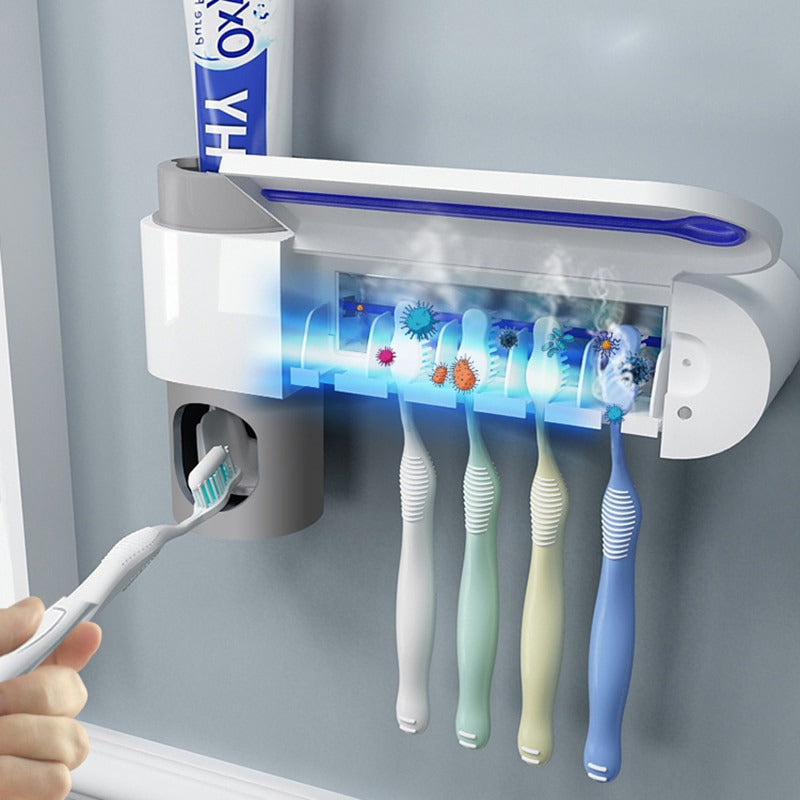 Belro UV light toothbrush sterilizer and toothpaste dispenser in white, showing the compact design and sanitizer chamber.