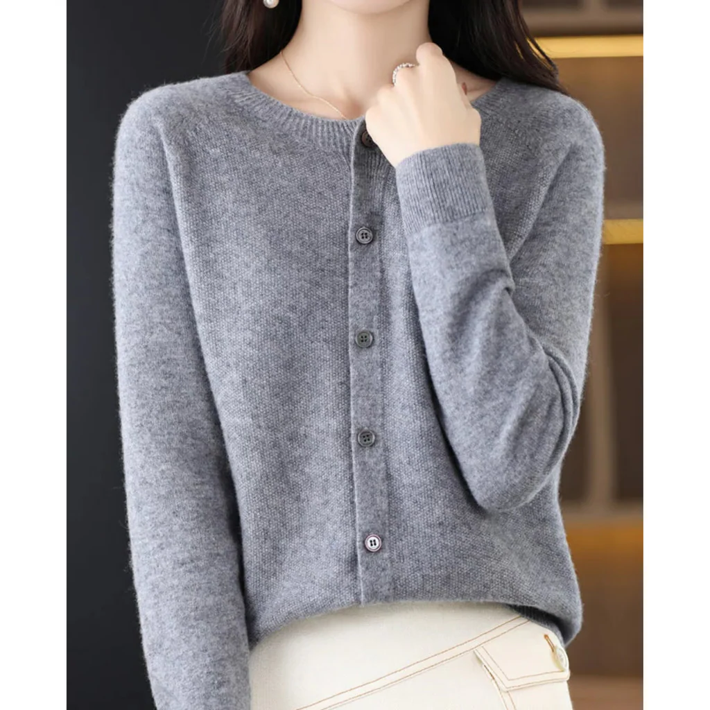 Belro women's round neck cardigan sweater, casual knitwear with long sleeves and button closure, worn styled for a cozy look.