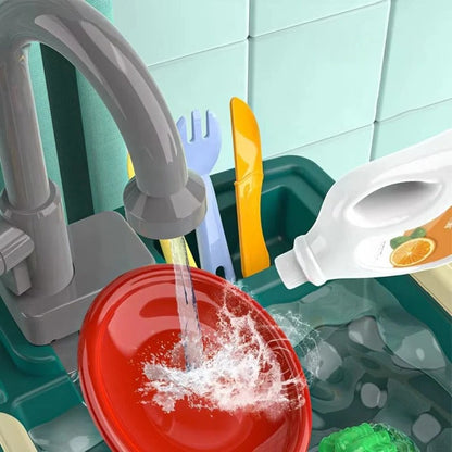 Children’s play kitchen with flowing water feature, colorful toy kitchen set for kids, by Belro.