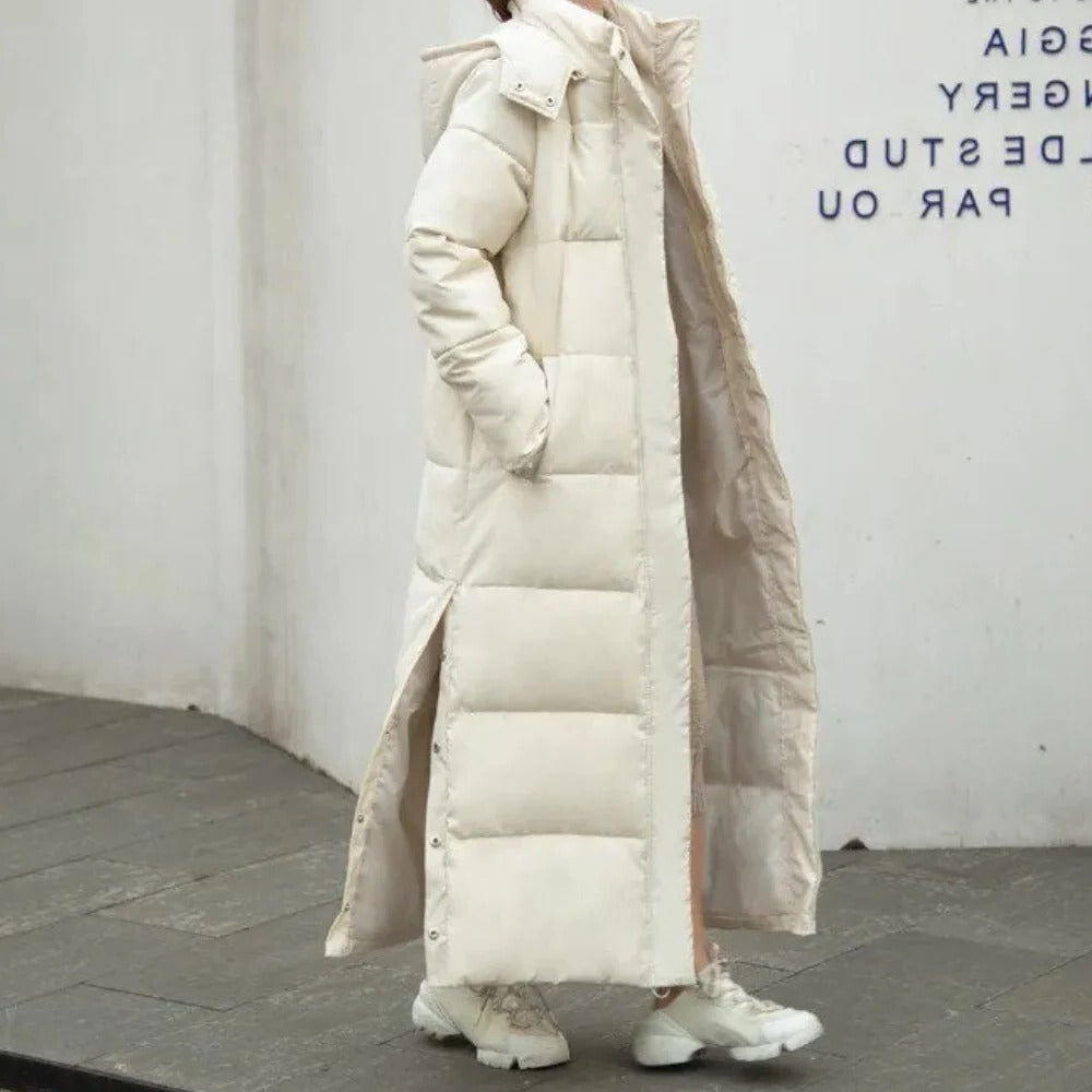 Belro women's long quilted winter jacket with hood, insulated coat for cold weather, stylish and warm outerwear for winter.