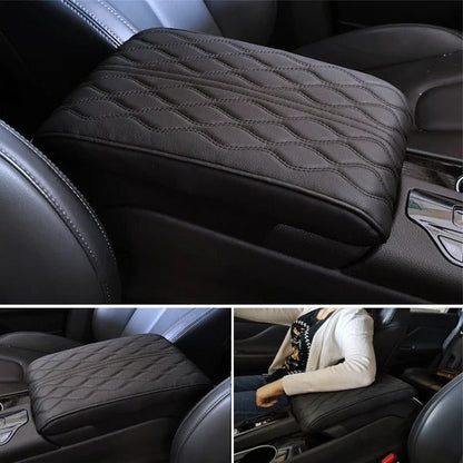 Belro leather car armrest box pad, universal style, showing close-up of padded, black leather surface inside a vehicle.