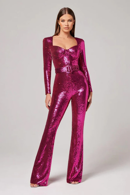 Men's Belro sequin long-sleeved jumpsuit, stylish and eye-catching clothing with shimmering sequin details, full-length design.
