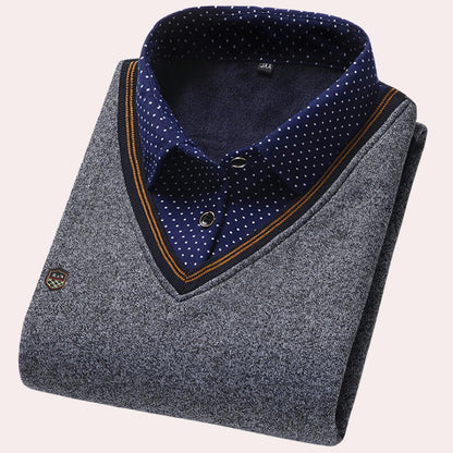 Men's Belro shirt collar sweater in knit fabric, shown in a close-up with collar and chest details.