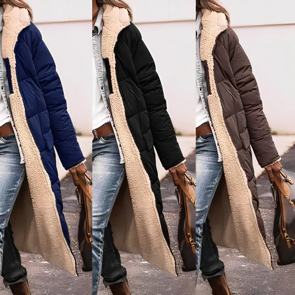 Women’s long, comfortable Belro coat with a relaxed fit, featuring a classic design and cozy fabric for cold weather wear.