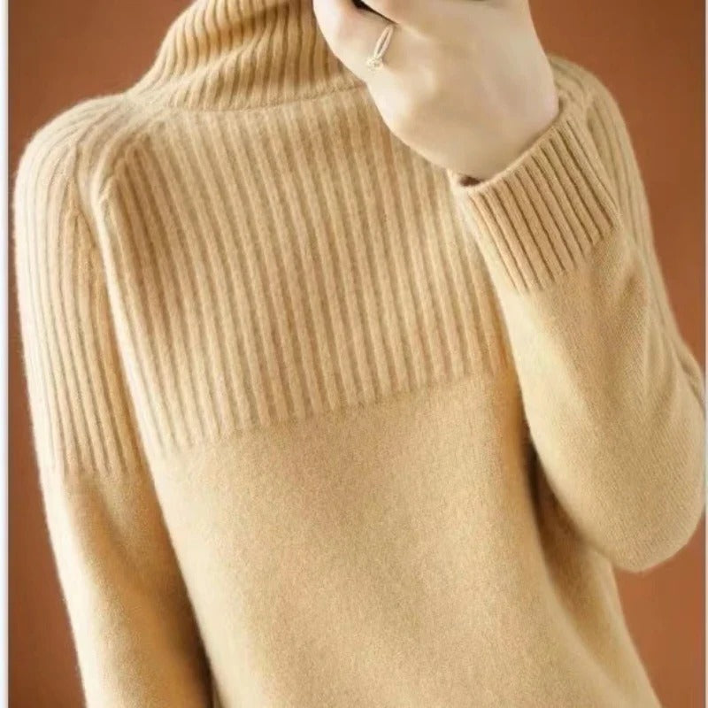 Belro women's cashmere turtleneck sweater in soft beige, featuring a cozy fit and ribbed collar for stylish warmth.