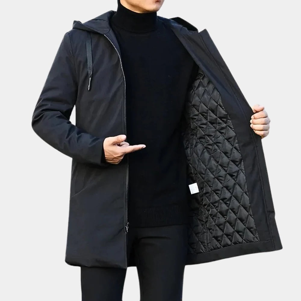 Belro Neat Long Men's Coat displayed on a hanger, showcasing its tailored fit and classic design in neutral fabric.