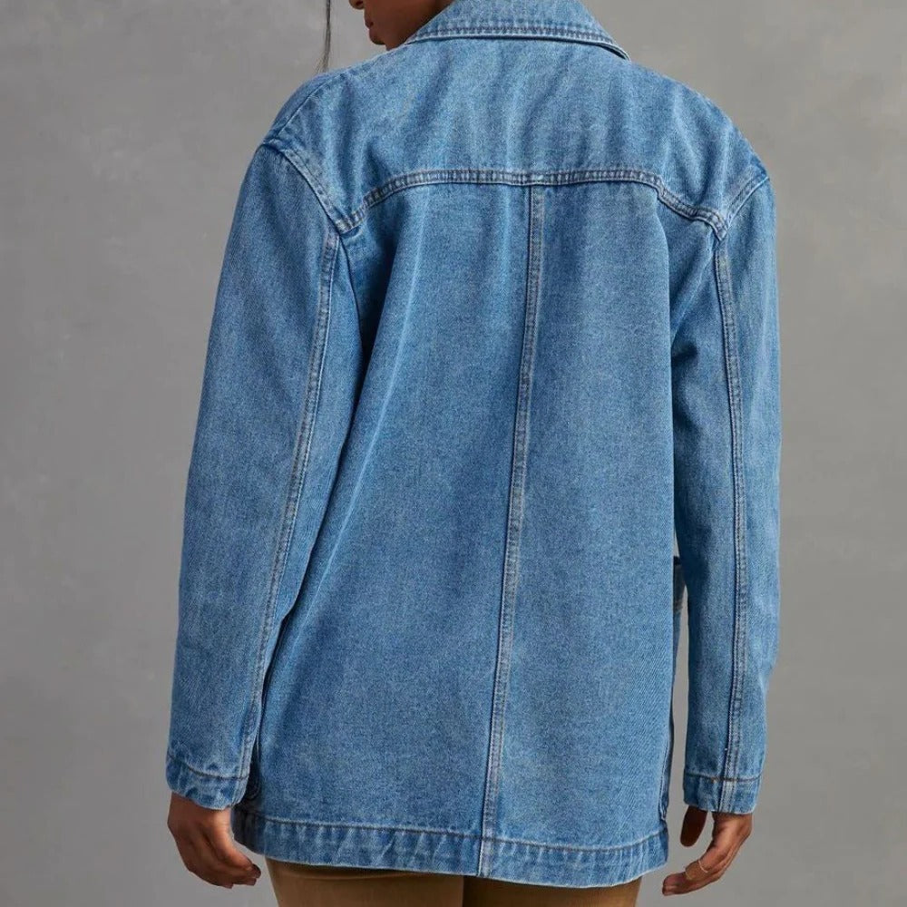 Belro women's casual denim jacket with classic blue wash, front pockets, and button closure, perfect for stylish everyday wear.