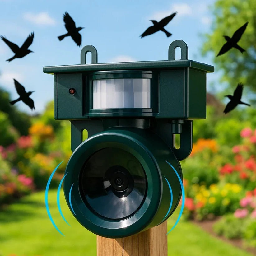 Belro motion sensor bird deterrent for crows and pigeons with sound scarer, outdoor pest control device in a garden setting.
